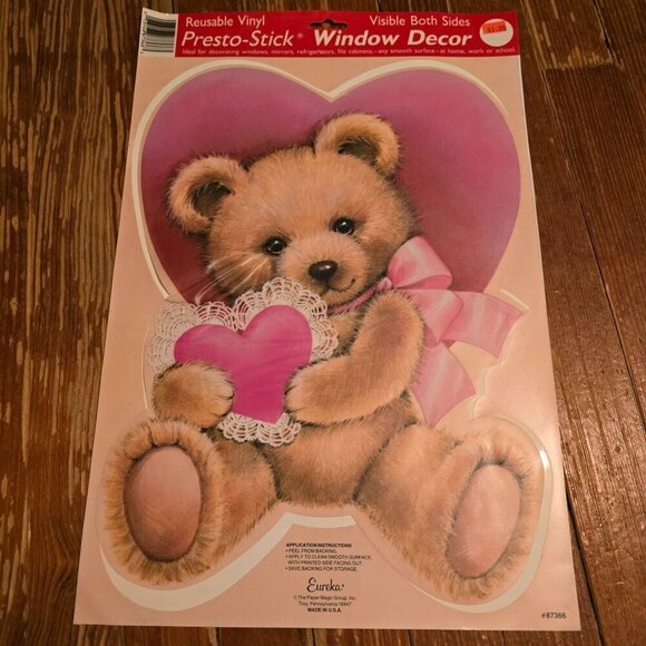 Vintage Eureka Valentine's Day Teddy Bear Window Cling Decor - Picture 6 of 9